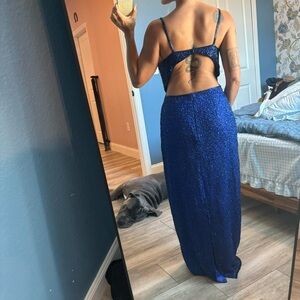 Blue Beaded Backless Evening Dress